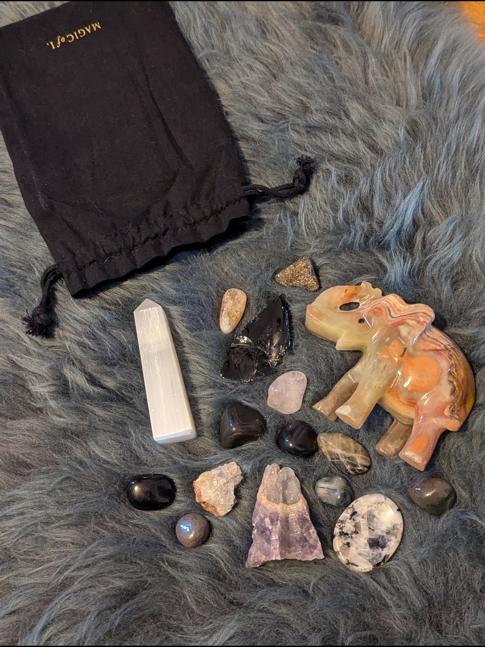 Crystal Collection 🔮 with Selenite Tower & Carved Jade Elephant